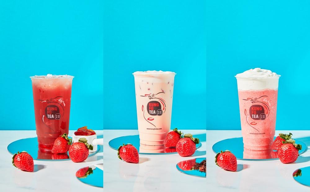 草莓茶凍大杯$80元、草莓奶茶大杯$85元、奶蓋草莓沙沙大杯$90元。（圖／頂呱呱提供）