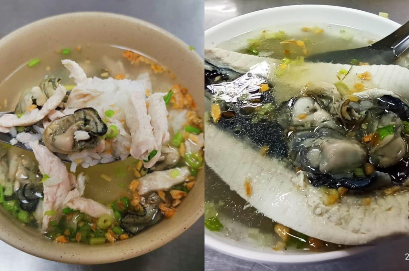 大勇街無名鹹粥在熟飯、虱目魚柳、鮮蚵上淋上滾燙高湯的臺南風格鹹粥。（圖／大勇街無名鹹粥提供）