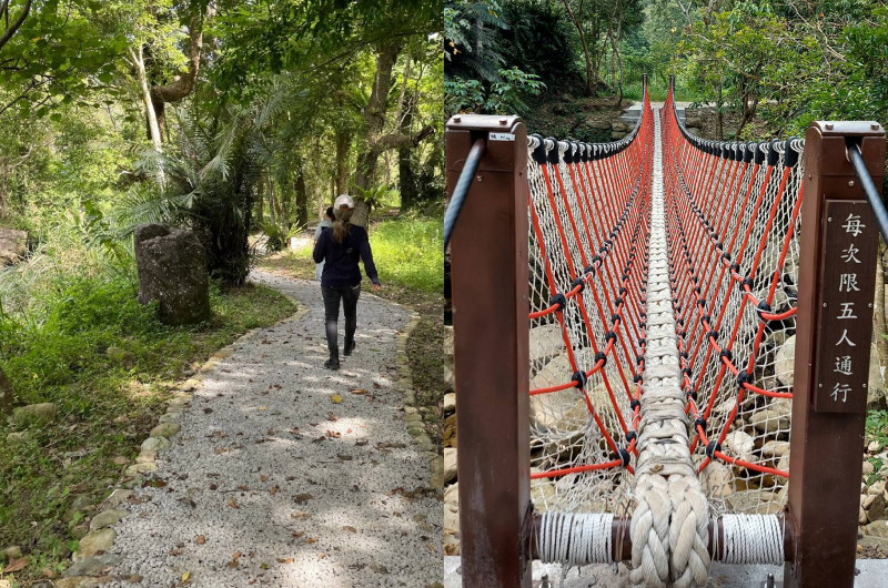 沿著溪邊走繩橋，能聽到潺潺的水流聲更愜意。（圖／記者李容萍攝）