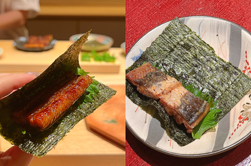 蒲燒鰻魚手捲，採用日本鰻魚以關東派手法先蒸後蒲燒，肉質酥脆搭配鹹甜醬汁，整體層次豐富。（圖／記者郭宣暄攝）