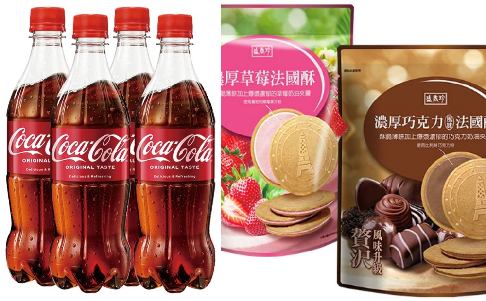 可口可樂600ml4入、每朝健康綠茶650ml4入量販組合優惠價105元，盛香珍餅乾買一送ㄧ。（圖／OKmart提供）