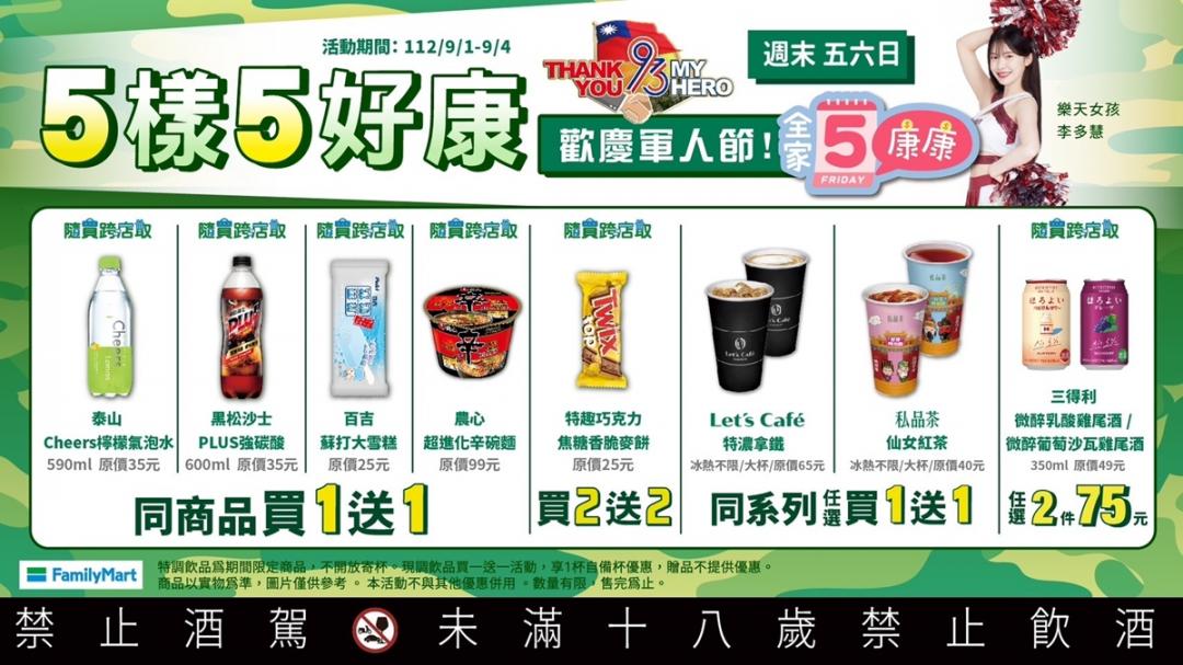 全家於9/1~9/4推出買1送1之康康五活動。（圖／全家提供）