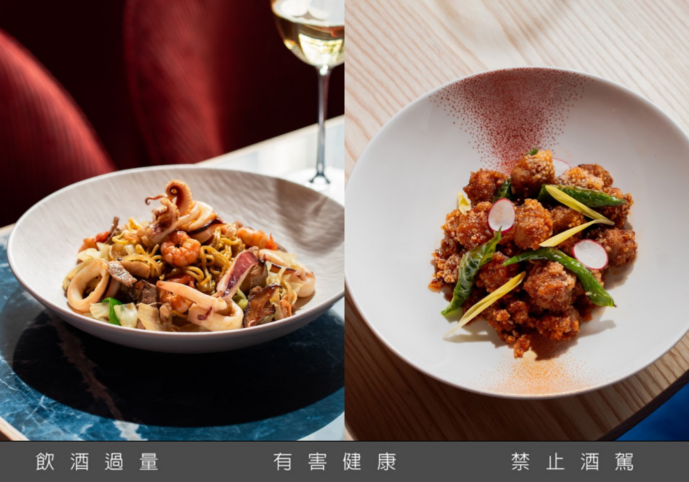 圖左「大港海鮮炒麵」420元，圖右「香辣龍珠佐青龍」320元。（永心浮島提供）