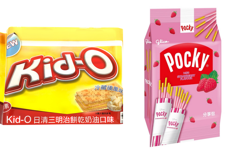 圖左為「Kid-O日清三明治奶油口味」，圖右為「格力高Pocky百奇系列」草莓口味。（圖／家樂福提供）