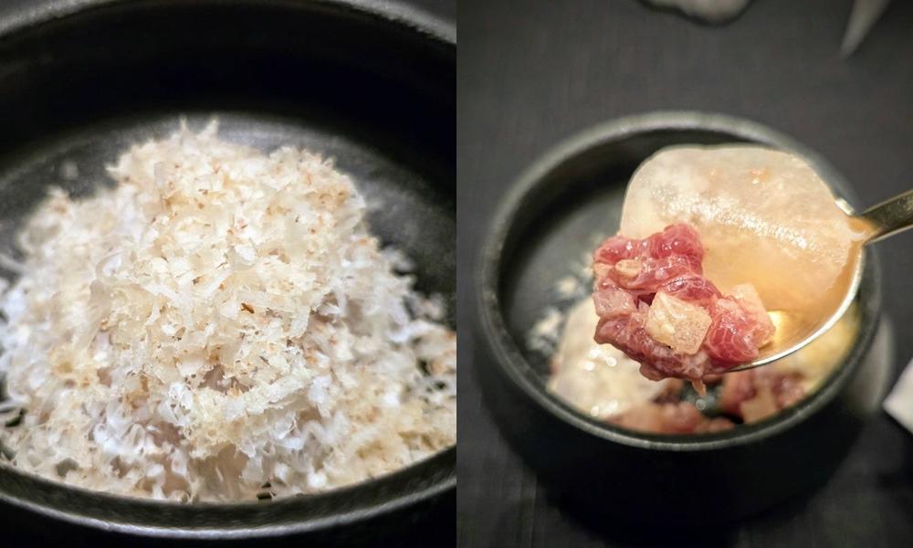 頭盤是煙燻鹿肉韃靼，以生鹿肉為主料，搭配白蘿蔔、台灣梨煙燻而成。（圖／記者王捷攝）