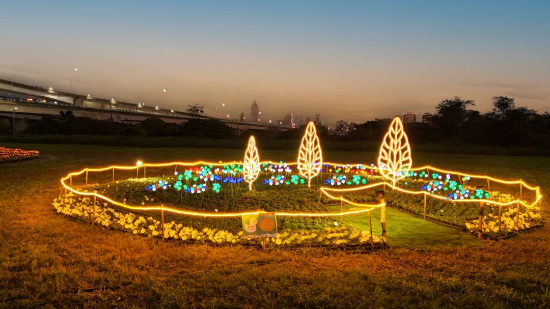 夜間點亮的燈光散發柔和的光芒，與花海交織成夢幻氛圍。（圖／新北市政府高灘地工程管理處提供）