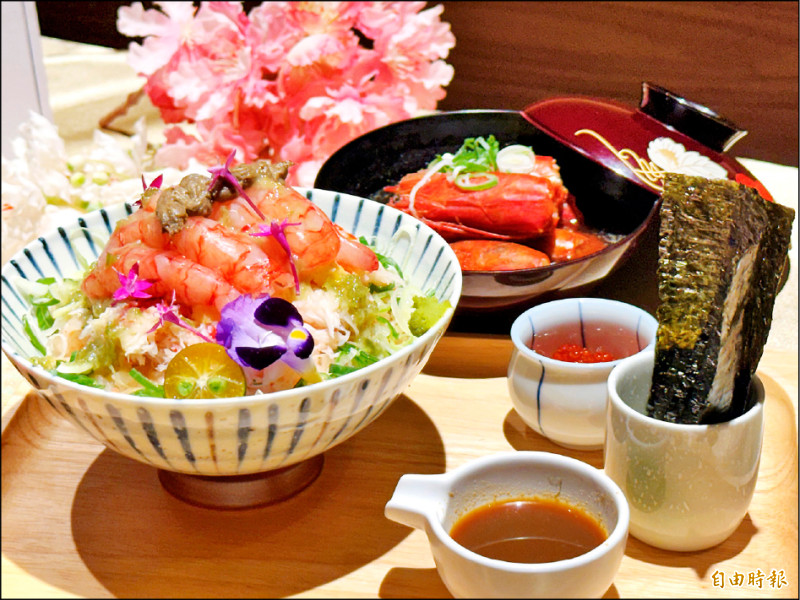 「胭脂蝦蟹肉丼」搭配宜蘭大溪胭脂蝦、日本雪蟹、蟹膏等頂級食材，吃得出滿滿鮮味。每份799元。（記者郭宣暄攝）