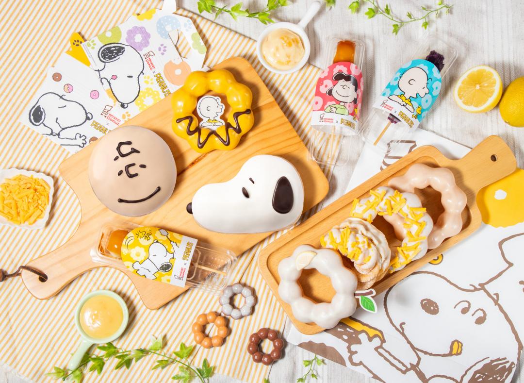 Mister Donut攜手花生漫畫，推出3款史努比、查理布朗造型甜甜圈，以及2款周邊商品。（圖／品牌提供）