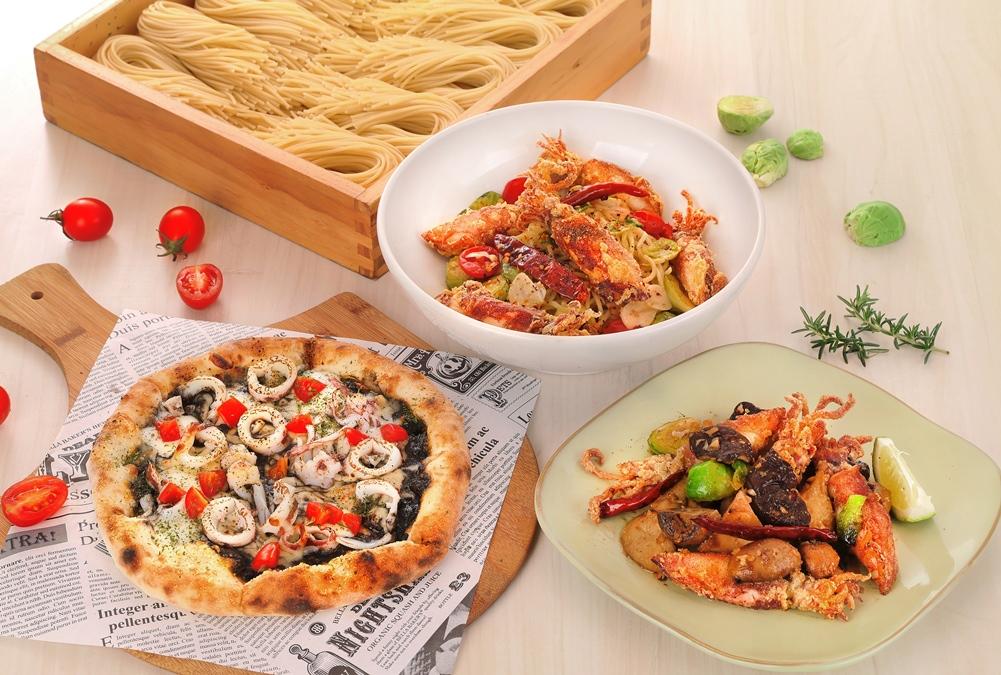 BEPPIN PASTA蒜辣時蔬小管義大利麵380元、蒜辣野菇炒小管330元，小管墨魚海鮮披薩290元。（圖／品牌提供）