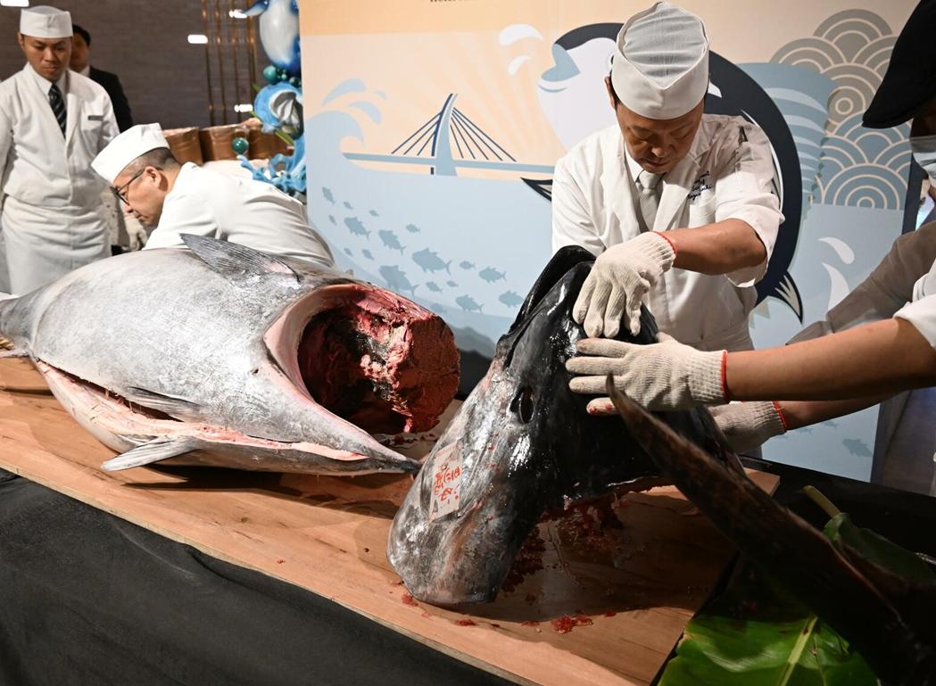 「黑鮪魚解體秀」刀起刀落將魚頭給切割下來。（記者李惠洲攝）