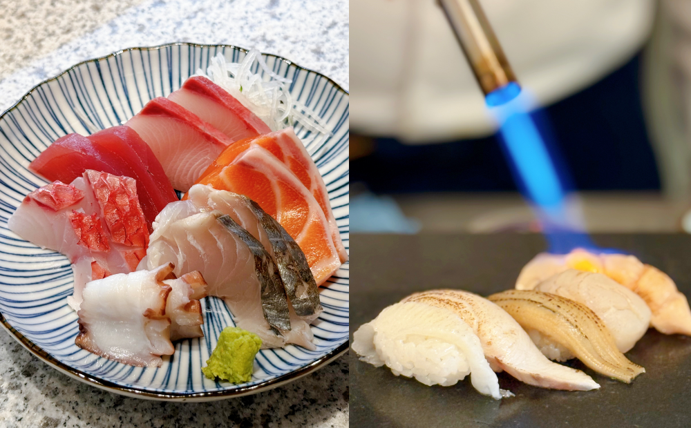生魚片餐檯提供多種台灣、日本的新鮮魚種，炙燒握壽司也必吃。（圖／記者郭宣暄攝）