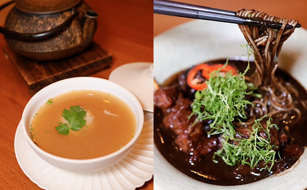 「娘惹魚丸湯」融合豬肉、蝦肉與雪蟹丸，高湯濃郁，「麵線與牛尾沙嗲」是以黑果仁為基底的濃郁湯麵。（圖／記者郭宣暄攝）