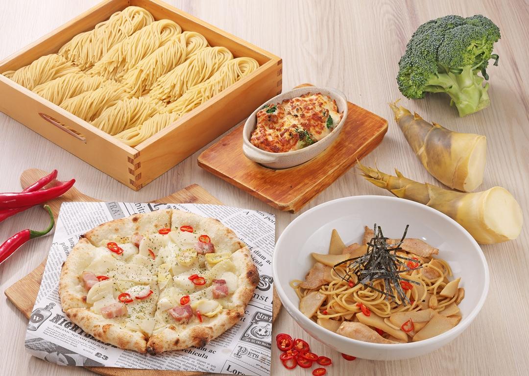 BEPPIN PASTA和洋竹筍季7月上市，蒜味培根綠竹筍披薩290元、奶油焗烤綠竹筍佐明太子250元、和風綠竹筍松阪豬義大利麵370元。（圖／品牌提供）