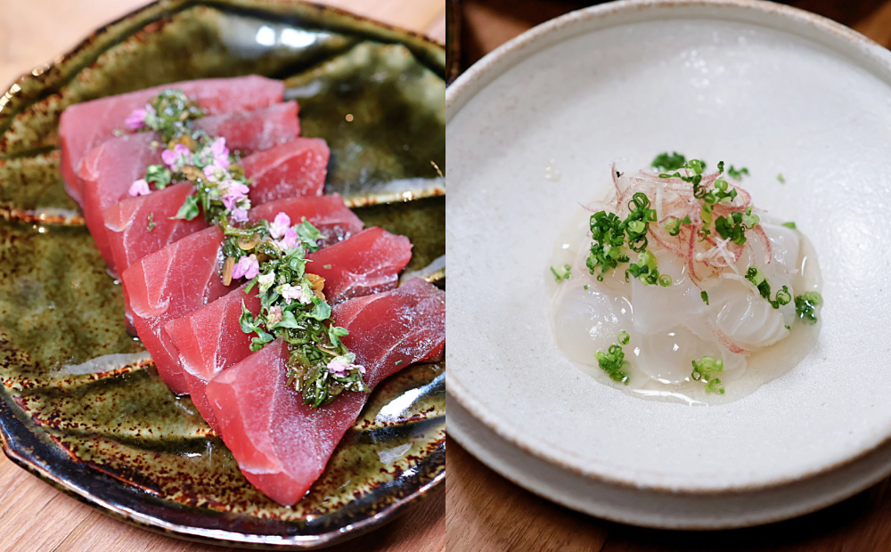「黑鮪魚赤身／韭菜醬油」與「比目魚／煎酒」，夏季品嚐十分爽口下酒。（圖／記者郭宣暄攝）