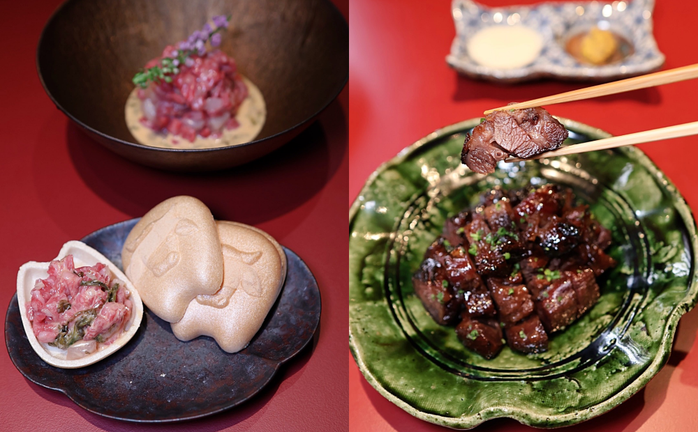 「和牛干貝塔塔」780元，搭配可愛牛頭造型的最中餅一起享用，更添口感與食趣；「炭烤和牛舌下叉燒」660元，以港式叉燒概念處理和牛舌根部位，先醃醬後高溫蒸烤軟化，再以叉燒醬滷製燒烤。（圖／記者郭宣暄攝）