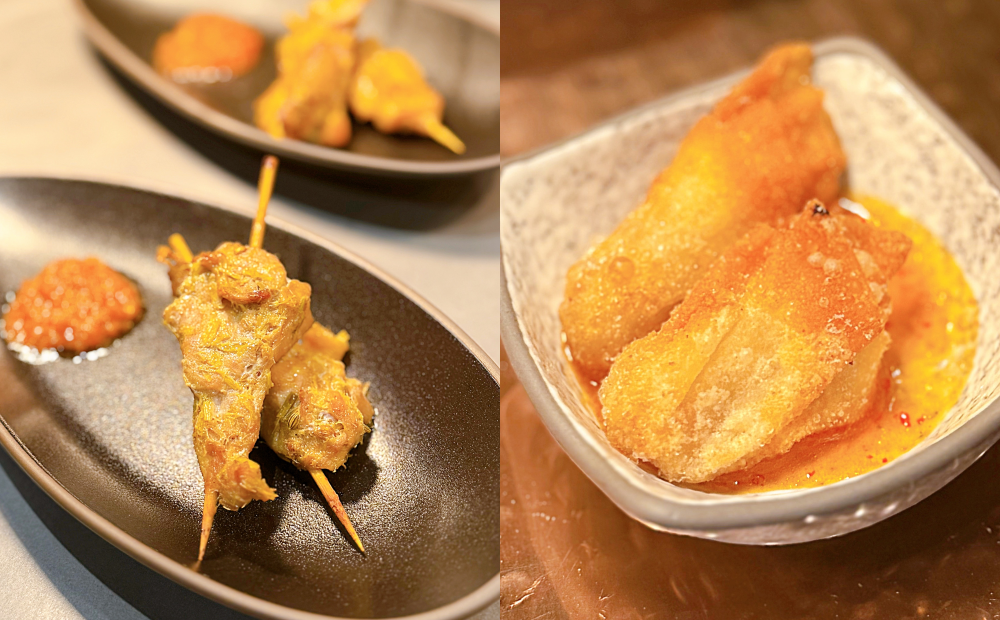 「炭烤南洋雞肉沙嗲」、「越式炸蟹肉餛飩佐酸甜醬」。（圖／記者郭宣暄攝）