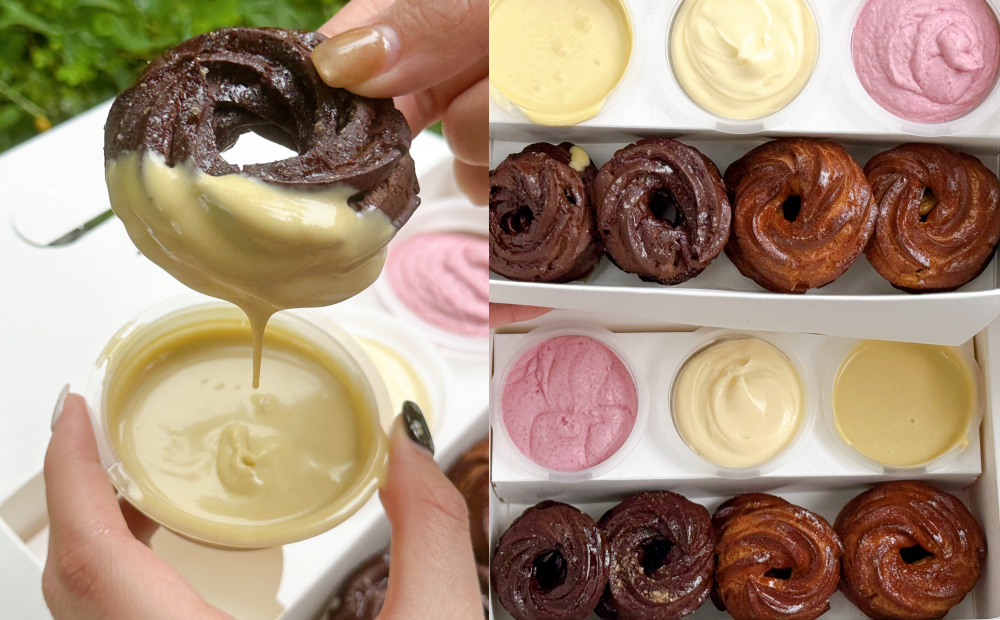 手拿岢露圈沾著開心果醬享用，增添濃郁口感與趣味。（圖／記者郭宣暄攝）