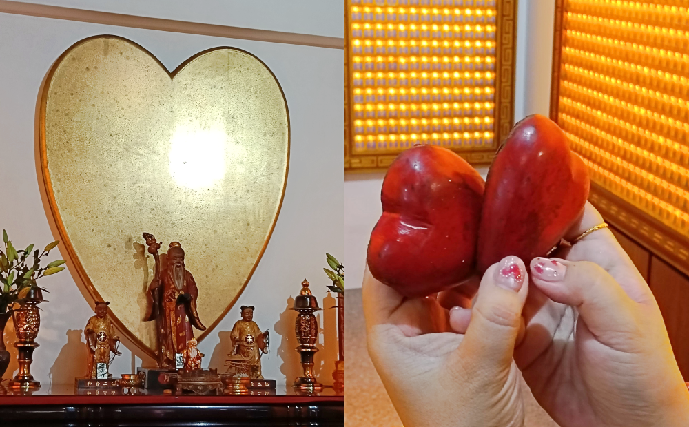 廟方以柚木為材質製成罕見的心型杯筊。（圖／民宿女王芽月提供）