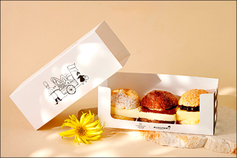 「福岡人氣蜜瓜包禮盒」集結提拉米蘇蜜瓜包、台灣限定口味的芒果珍珠蜜瓜包與荔枝椰果蜜瓜包，每盒450元。（台北喜來登大飯店提供）