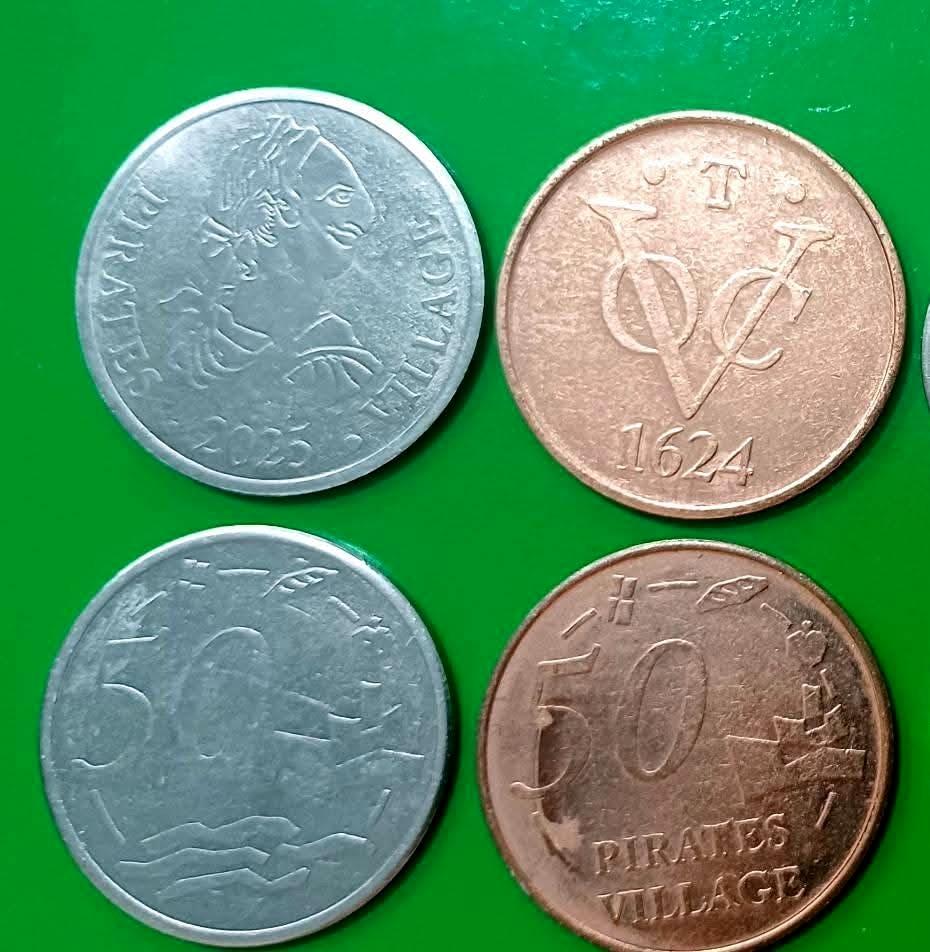 造型取自17世紀西班牙、荷蘭古幣的「海賊庄休閒農場」紀念幣。（業者提供）