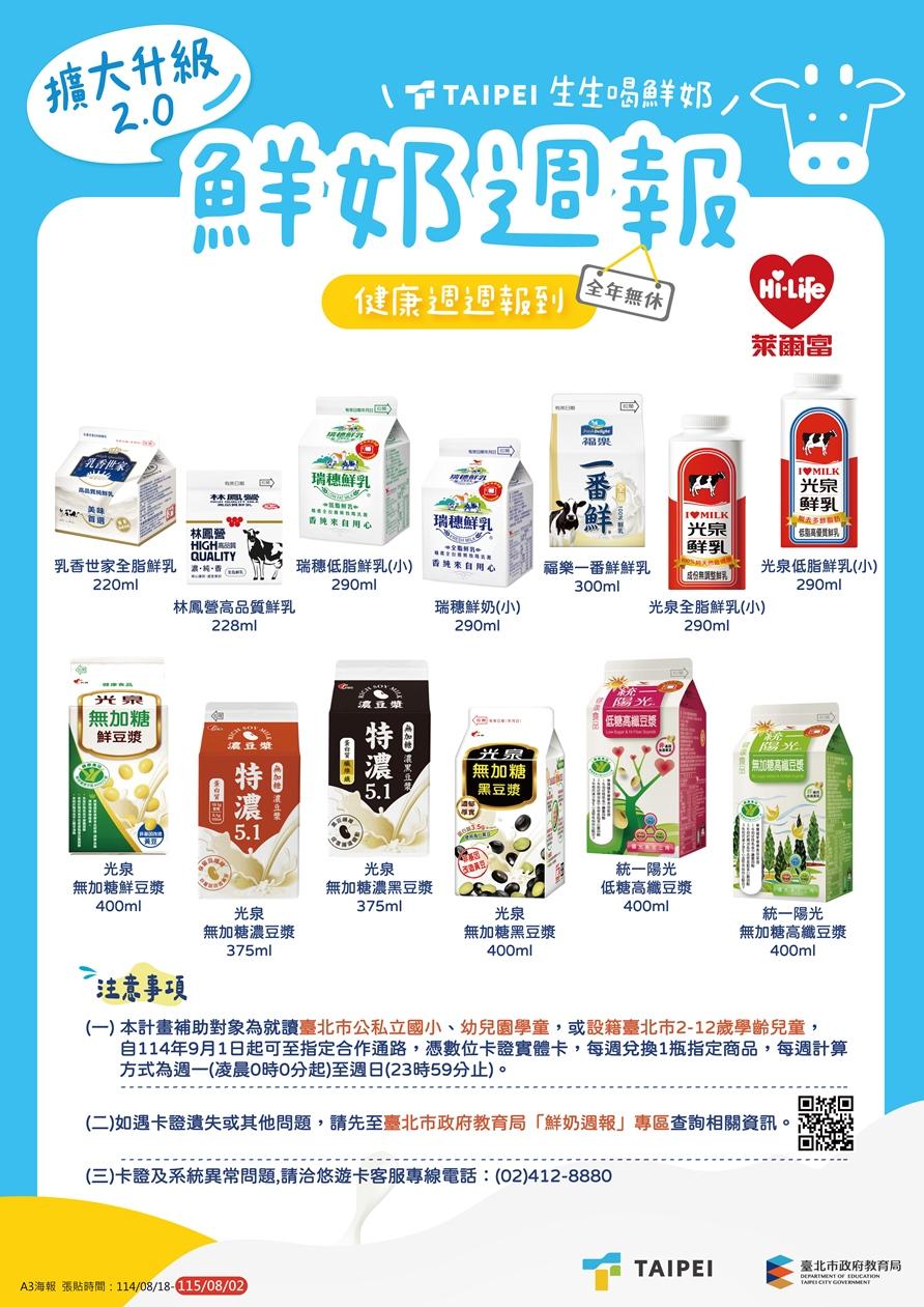 萊爾富響應台北市「鮮奶週報」擴大升級2.0，宣布將於9月1日至115年7月31日全台門市同步加強備貨。（圖／超商提供）