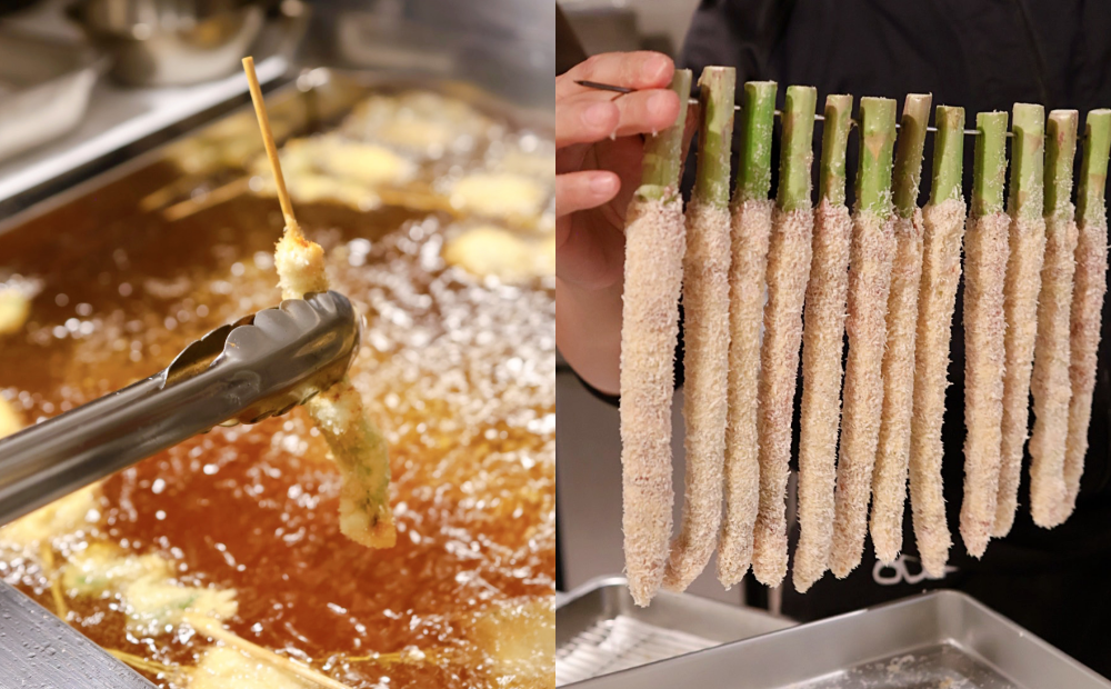 主廚以170度熱油將食材進行酥炸，「蘆筍」串揚售價55元。（圖／記者郭宣暄攝）