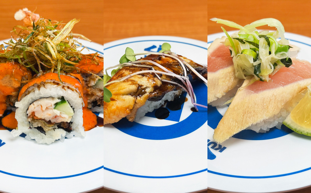 高雄時代大道店限定3款「堆疊系」澎湃海味,「辣醬軟殼蟹卷」80元、「巴薩米克醋鰻魚握壽司(一貫)」80元、「大切醃漬燒霜長鰭鮪魚佐香味野菜」80元。(圖/品牌提供)