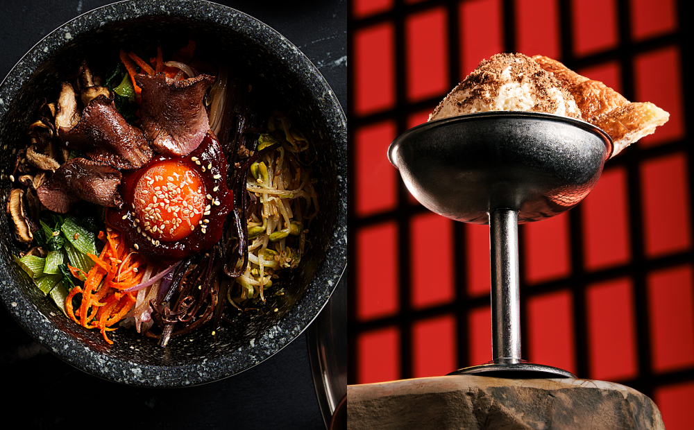 「爆炒和牛舌石鍋拌飯」458元、「雪朵微醺布丁」250元。(圖/品牌提供)