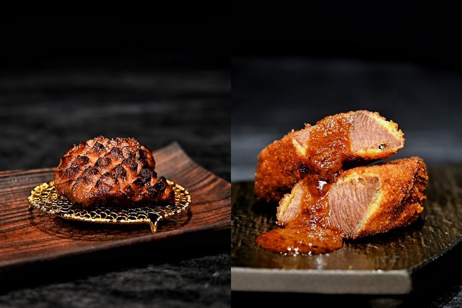 (左)碳烤牛舌以中段表面劃刀以高溫備長炭現場炙燒,創造外層酥香微焦而中心柔嫩多汁的口感。炸牛舌佐味噌醬外酥內軟。(圖/業者提供)