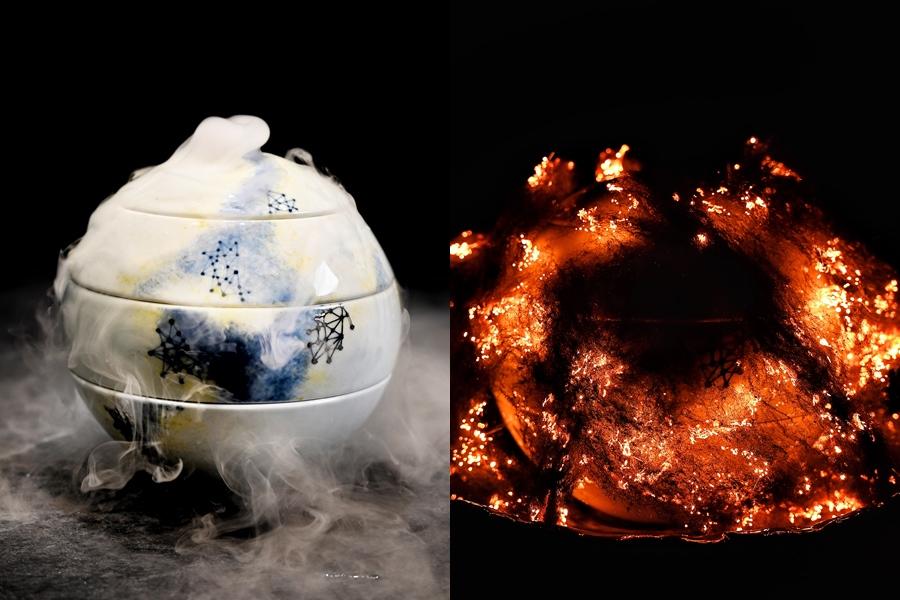 揭曉甜點前的上菜秀,以乾冰和火焰將用餐氣氛帶入另一高點。左為雲海版,右為星空版。(圖/業者提供)
