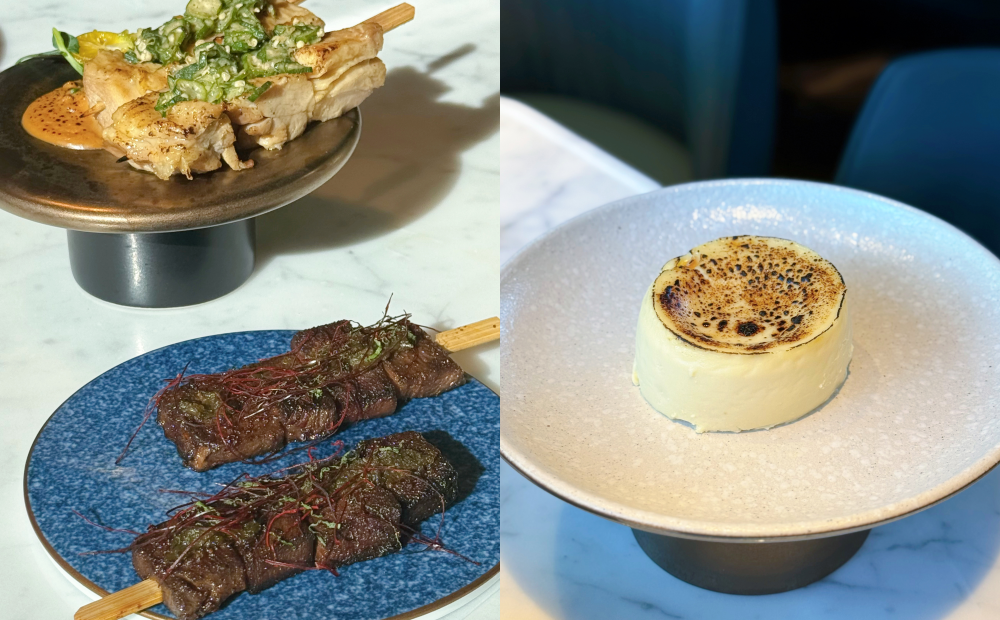 一樓酒吧可品嘗到「牛舌串」、「無骨雞腿肉」，隱藏版甜點「巴斯克乳酪蛋糕」目前尚未出現在菜單上。（圖／記者郭宣暄攝）