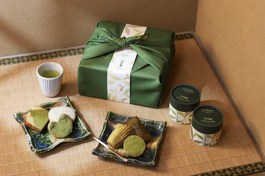 「匠心辻光風呂敷禮盒」含6款常溫甜點、2款日本茶包，1,680元。