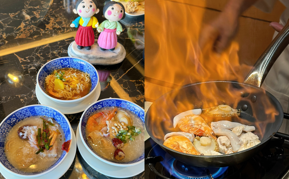 「鮑魚海鮮人蔘雞粥」、「韓式拉麵」、「釜山豬肉湯飯」熱騰騰上桌。（圖／記者郭宣暄攝）