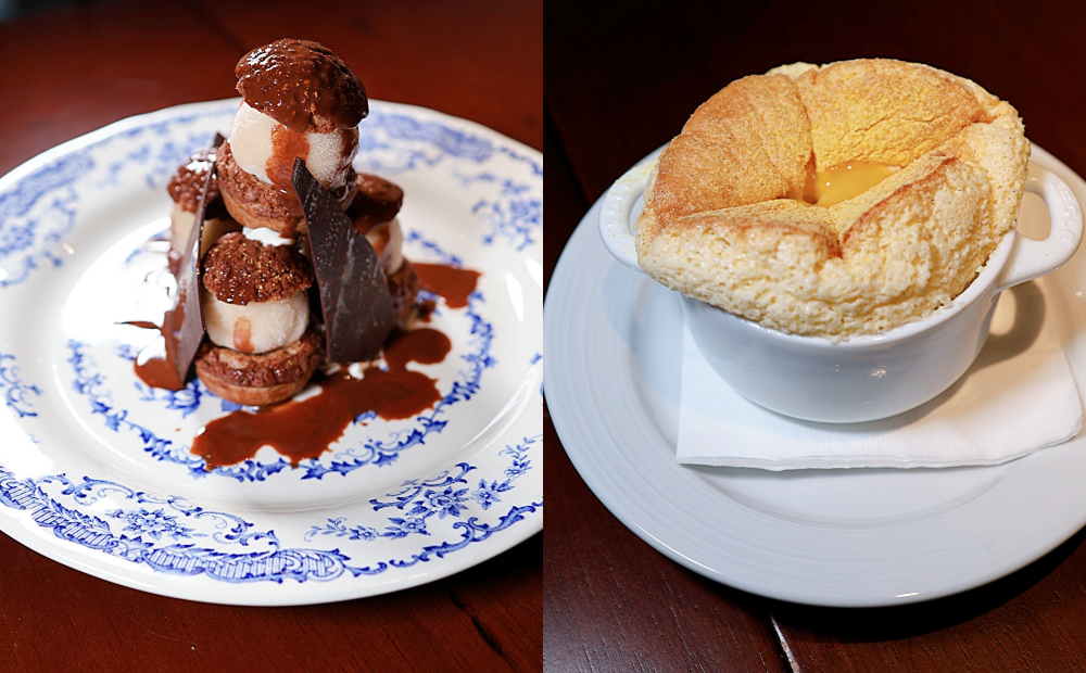 甜點「洋梨巧克力脆皮泡芙」480元、「香橙干邑舒芙蕾」460元。（圖／記者郭宣暄攝）