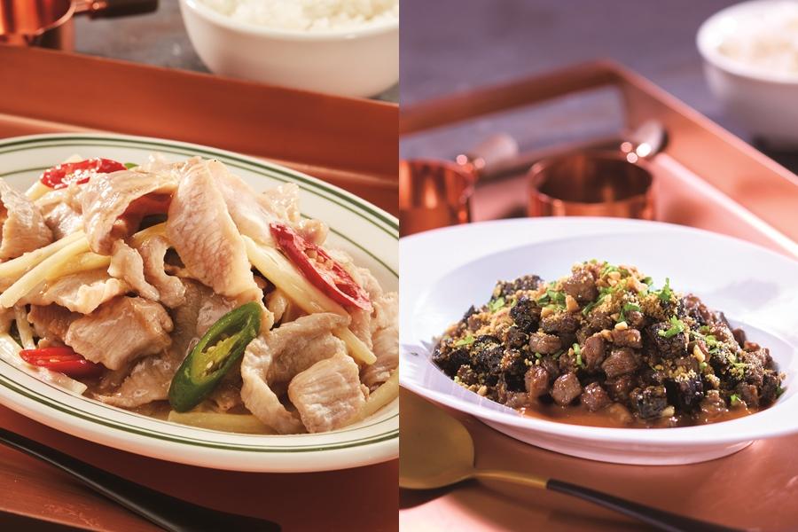 時時香台中三越店限定新菜，醋嫩薑松阪豬420元、花生米血骰子牛350元。（圖／品牌提供）