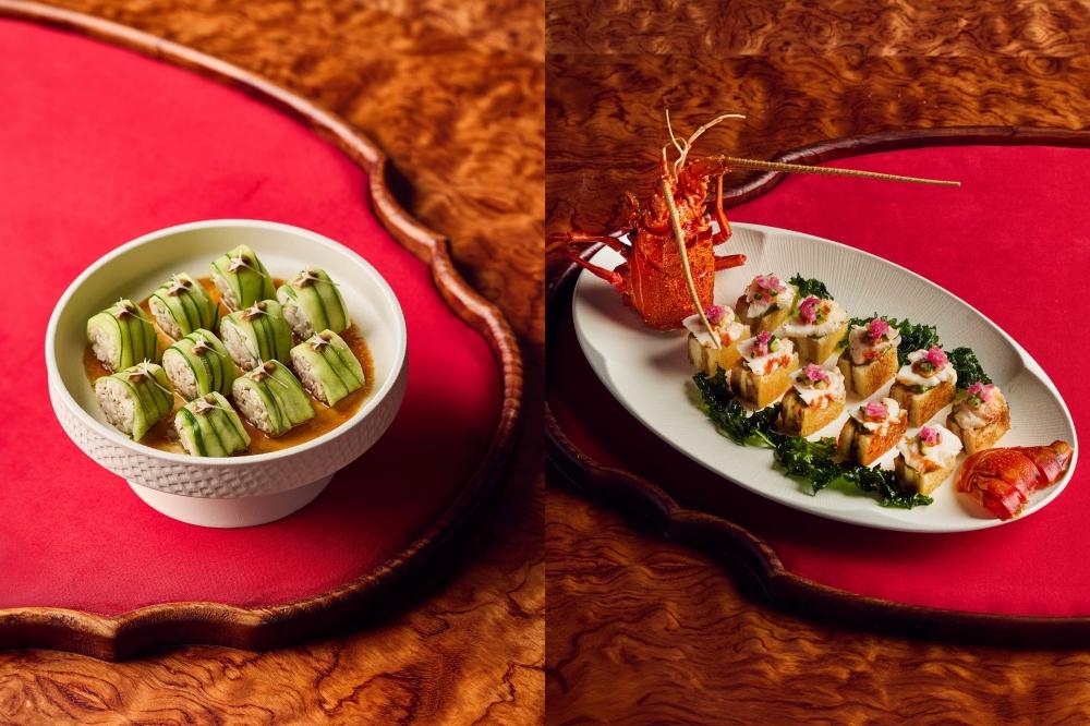 圖左「蒜蓉玉豚卷」從蒜泥白肉汲取靈感，圖右「龍蝦錦玉脆金磚」將經典龍蝦三明治轉化為更精緻的方形金磚。（圖／品牌提供）