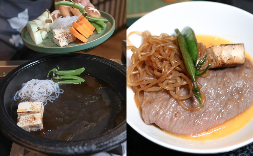 和牛壽喜燒可先品嚐原味、再蘸取生食級蛋液一起享用。（圖／記者郭宣暄攝）