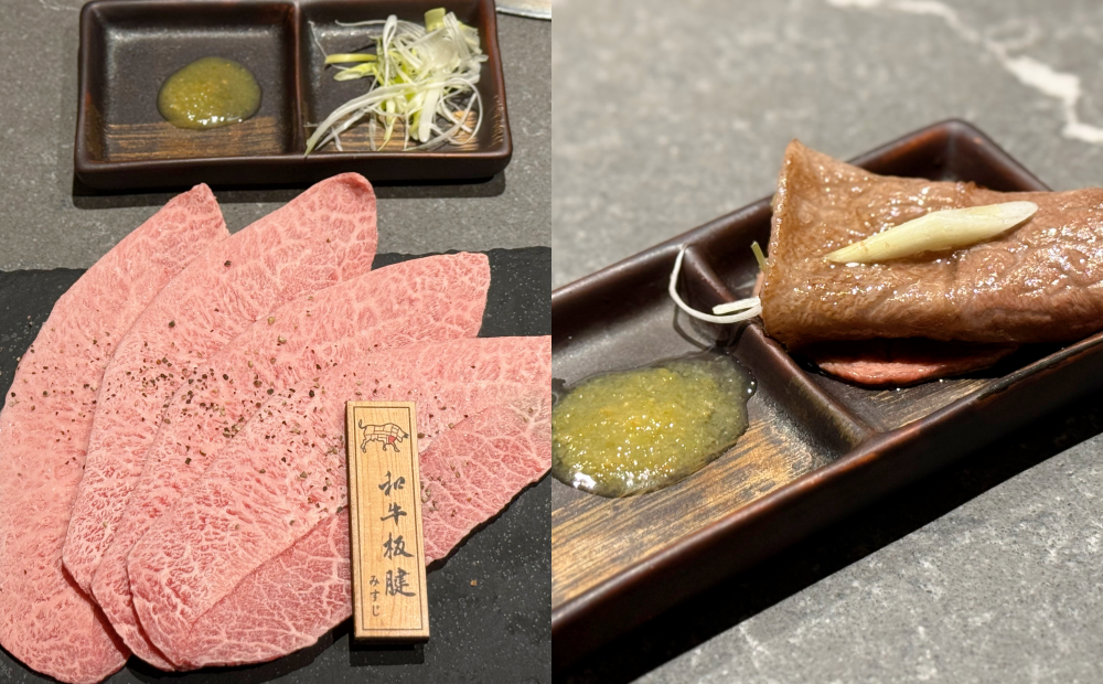 「高崎牛板腱」因油花較為豐富，特別搭配柚子胡椒、檸檬汁，較為清爽解膩。（圖／記者郭宣暄攝）