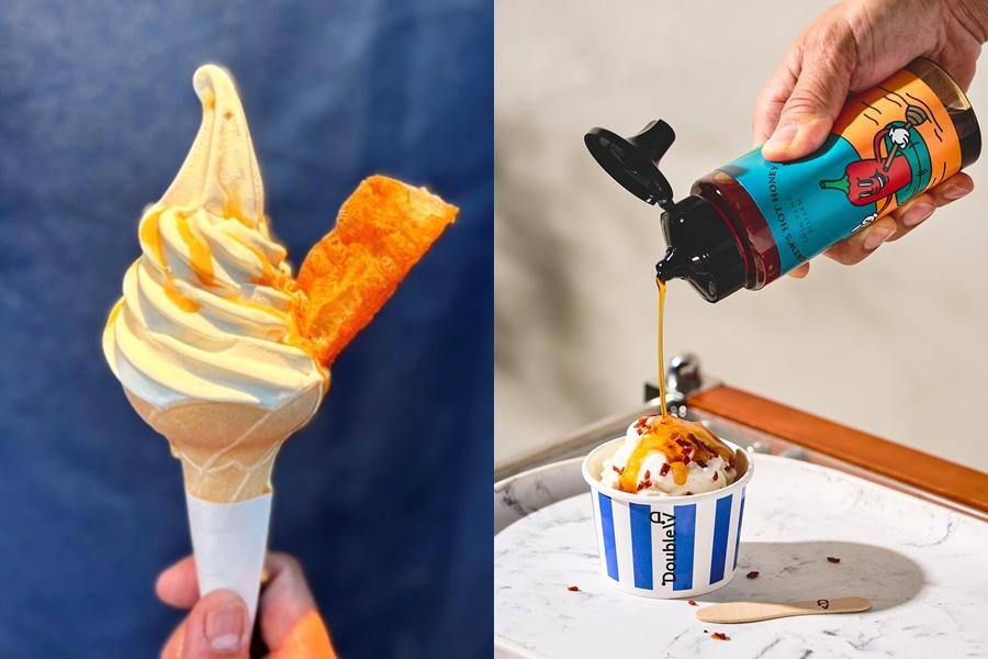 辣蜂蜜冰吃法!左為蜷尾家 甘味処的辣蜂蜜豆漿油條,右為Double V的Hot Beeacon蜂針。(圖/品牌提供)
