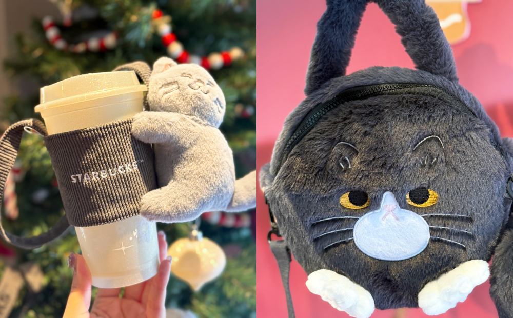 「抱抱灰貓咪單杯提袋」售價450元、「星巴克耶誕VIA白襪灰貓包」售價880元。(圖/記者郭宣暄攝)