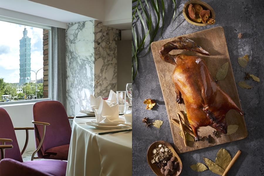 國聯大飯店北馥樓獲米其林入選餐廳推薦，包廂可欣賞台北101景致，點兩套米其林推薦烤鴨四人餐，優惠價10,000元。（飯店提供）