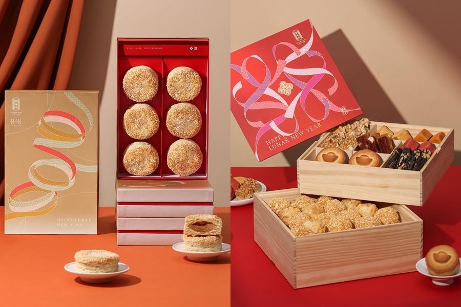 舊振南HUGH核桃千層酥餅 6盒組750元(左)，百福多寶盒2300元。（品牌提供）