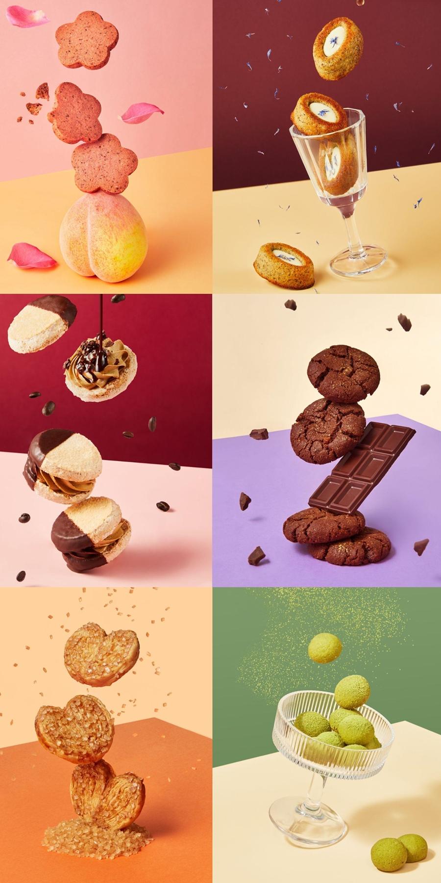 左：蜜桃玫瑰酥餅，右：瑪黑伯爵旅人蛋糕。中左：摩卡可可達克瓦茲，中右：濃醇生巧克力酥餅。下左：日本雙目糖蝴蝶酥，下右：小山園抹茶雪球。（品牌提供）