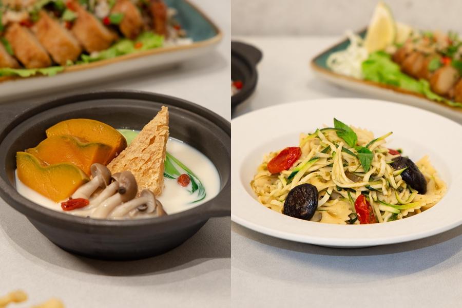 主廚手作限定「金桔剝皮椒香櫛瓜麵」(右)，適合冬天暖胃的「旬蔬豆乳鍋」。（品牌提供）