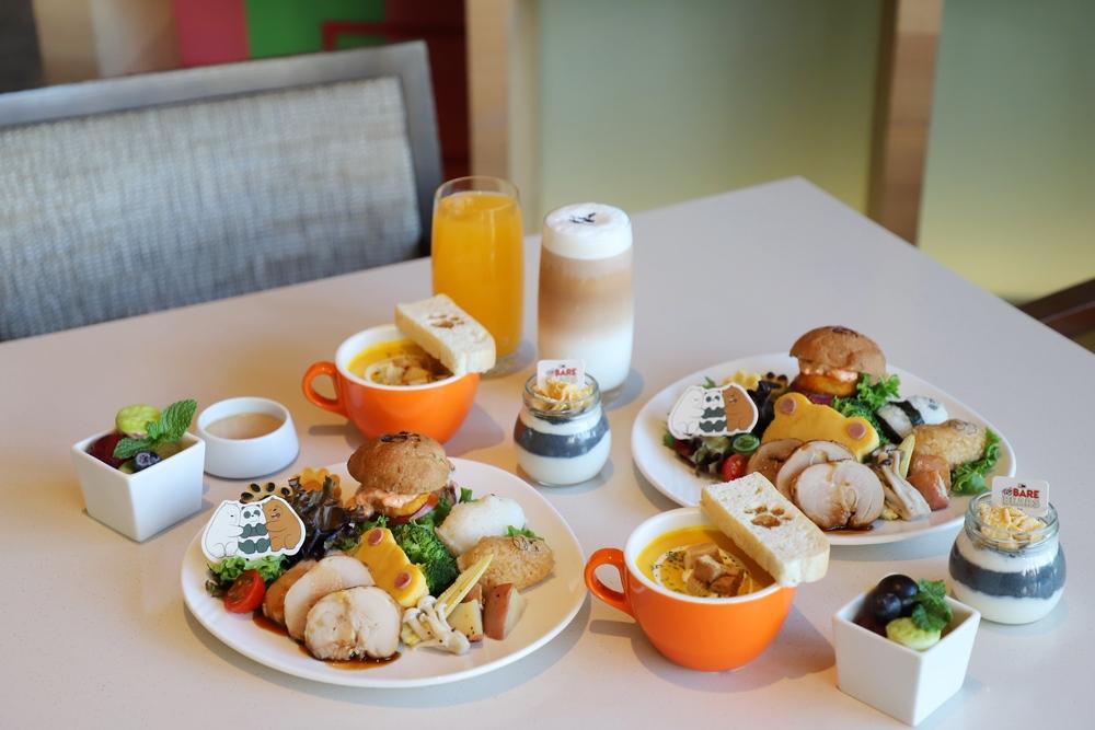 「熊熊晨光早餐」是以卡通頻道《熊熊遇見你》為元素發想，主打多元、適合孩童，強調飽足感。（和逸飯店台南西門館提供）