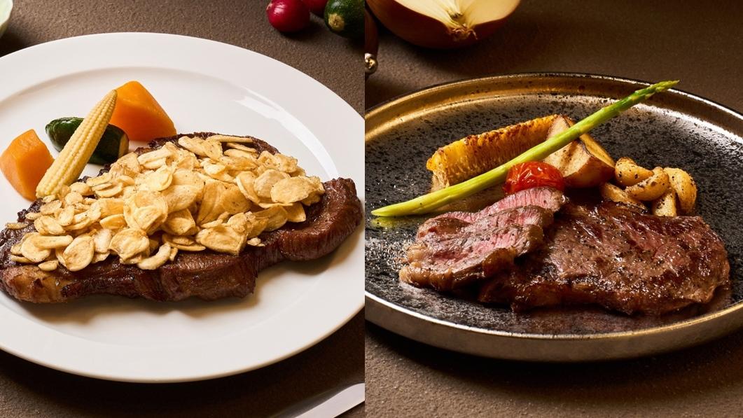 TOK蒜香重磅牛排(左)含自助吧598元。頂級臻味炙燒和牛(右)1,398元，含吃到飽自助吧。（品牌提供）