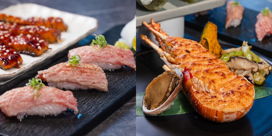 「旭集」除夕晚餐位上供應「逸品焗龍蝦佐磯煮鮑魚」，小年夜至初五加碼供應「炙燒黑鮪握壽司」等多道春節限定料理。（品牌提供）