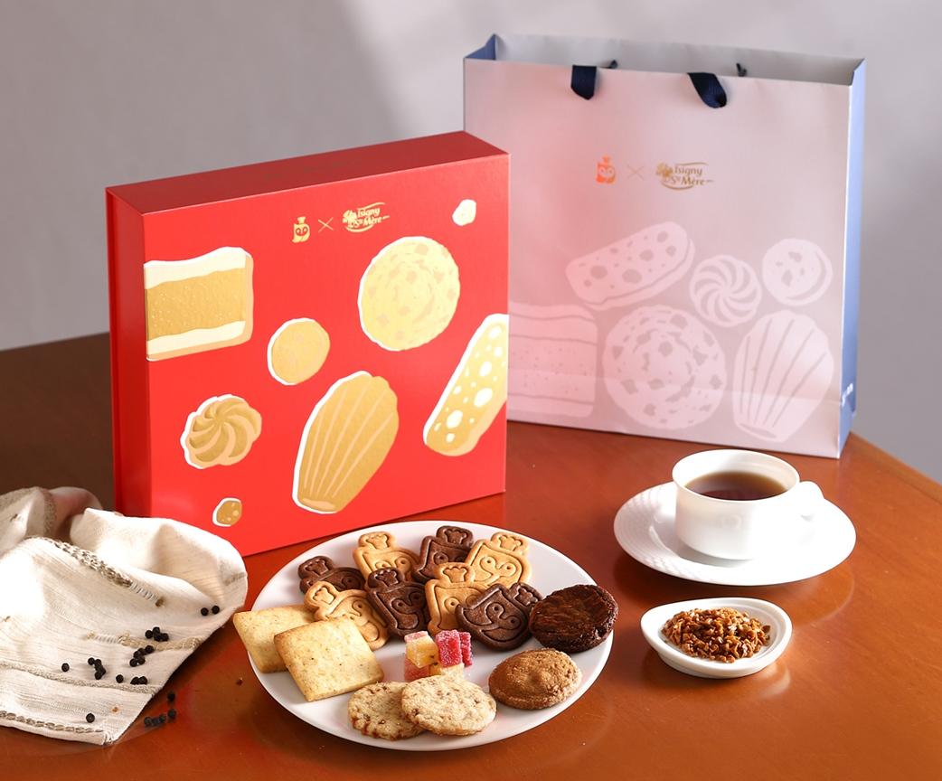 深夜裡的法國手工甜點與依思尼乳品推出馬年應景的聯名禮盒，售價1250元。（品牌提供）