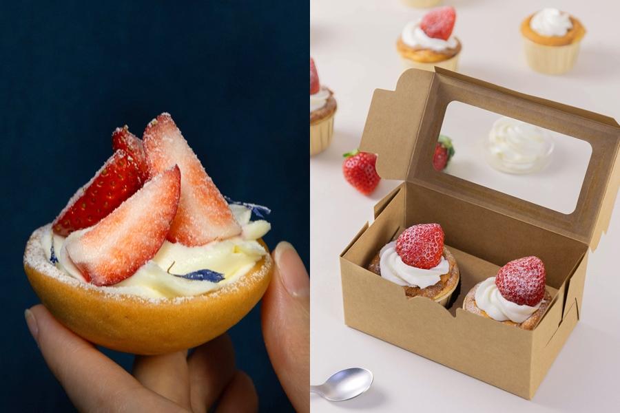 (左)迷你草莓塔240元/2入，草莓舒芙乳酪杯每個250元。（品牌提供）