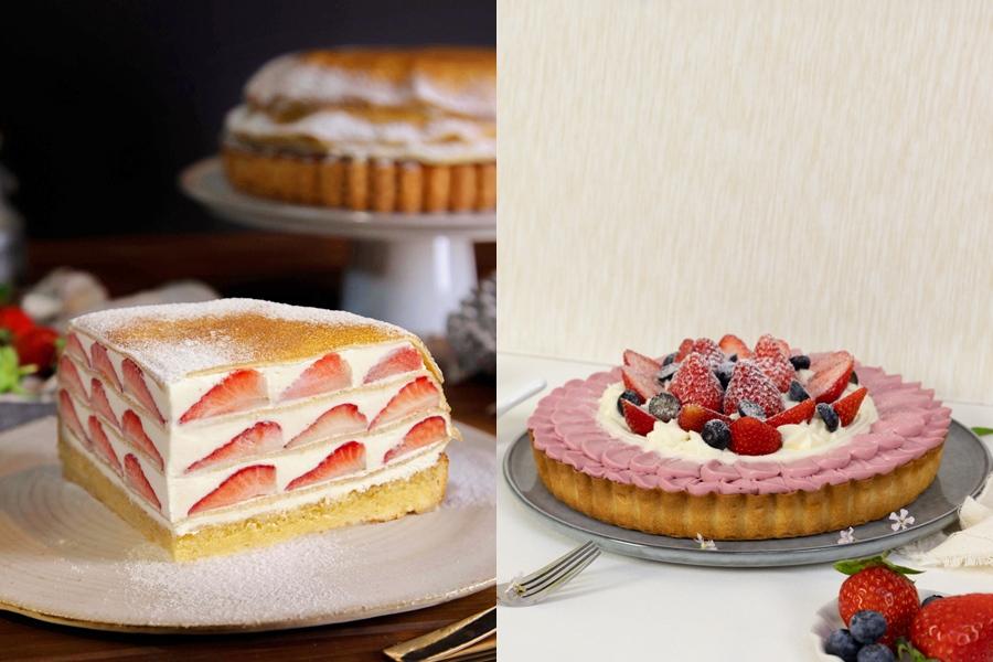 (左)乳酪三重奏草莓可麗塔每片920元，花園草莓塔600元/5吋、2550元/10吋。（品牌提供）